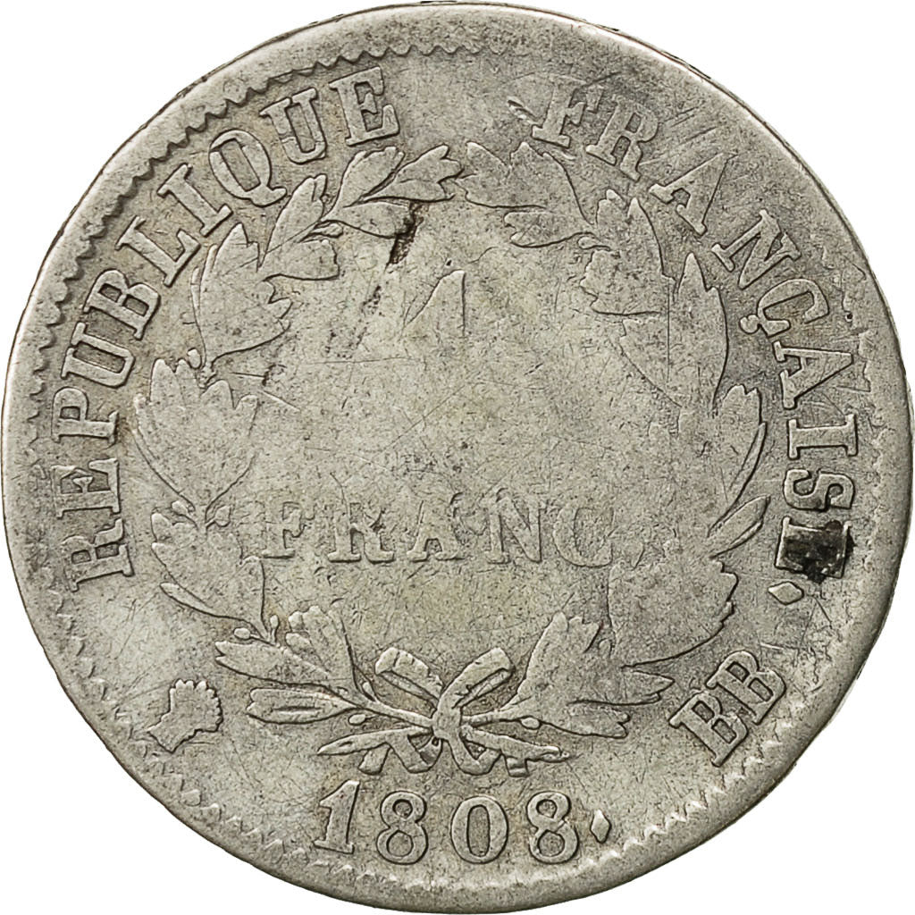 France, Napoléon I, Franc, 1808, Strasbourg, VG(8-10), Silver, KM:682.3