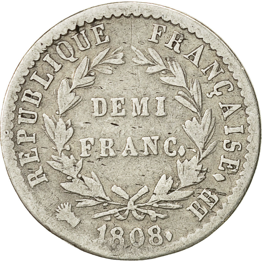 France, Napoléon I, 1/2 Franc, 1808, Strasbourg, VF(20-25), Silver, KM:680.3