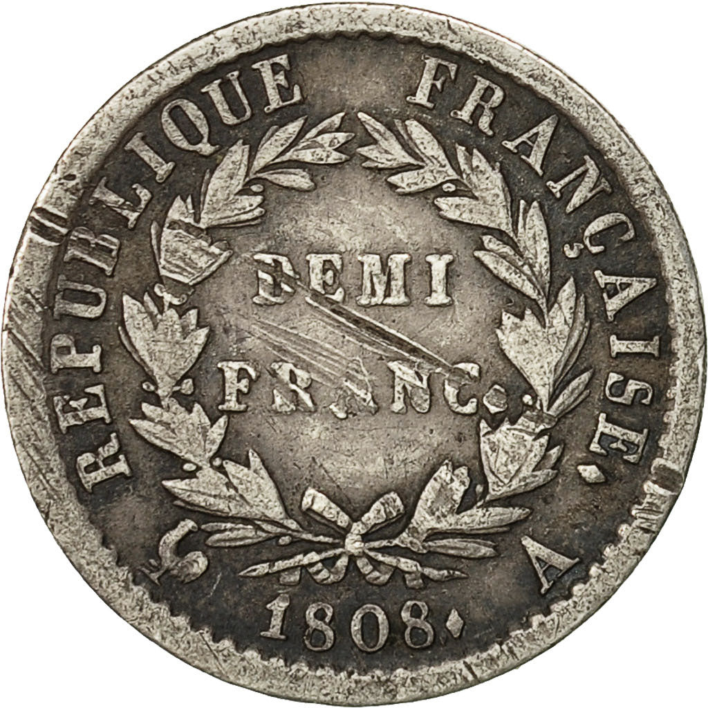 Francia, Napoléon I, 1/2 Franc, 1808, Paris, B, Argento, KM:680.1, Gadoury:398