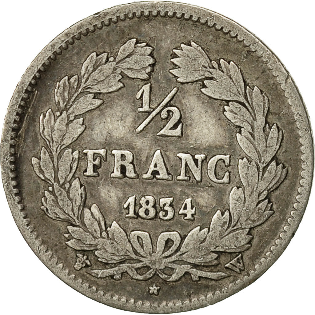 France, Louis-Philippe, 1/2 Franc, 1834, Lille, VF(30-35), Silver, KM:741.13