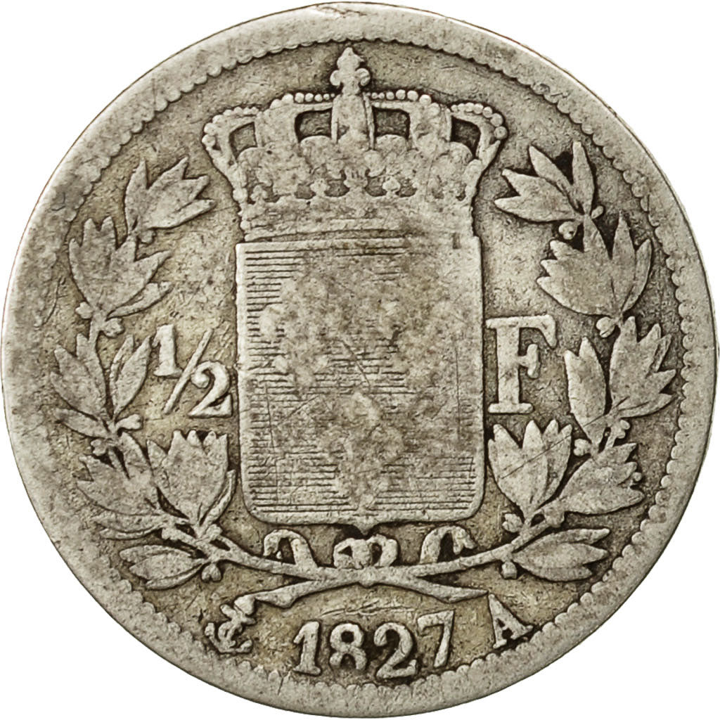 France, Charles X, 1/2 Franc, 1827, Paris, VF(20-25), Silver, KM:723.1