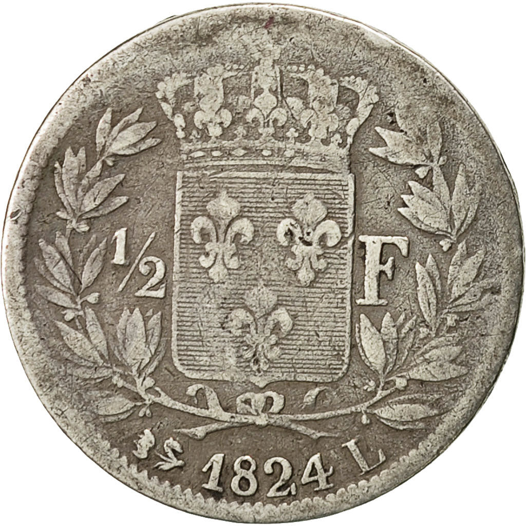 France, Louis XVIII, 1/2 Franc, 1824, Bayonne, F(12-15), Silver, KM:708.7