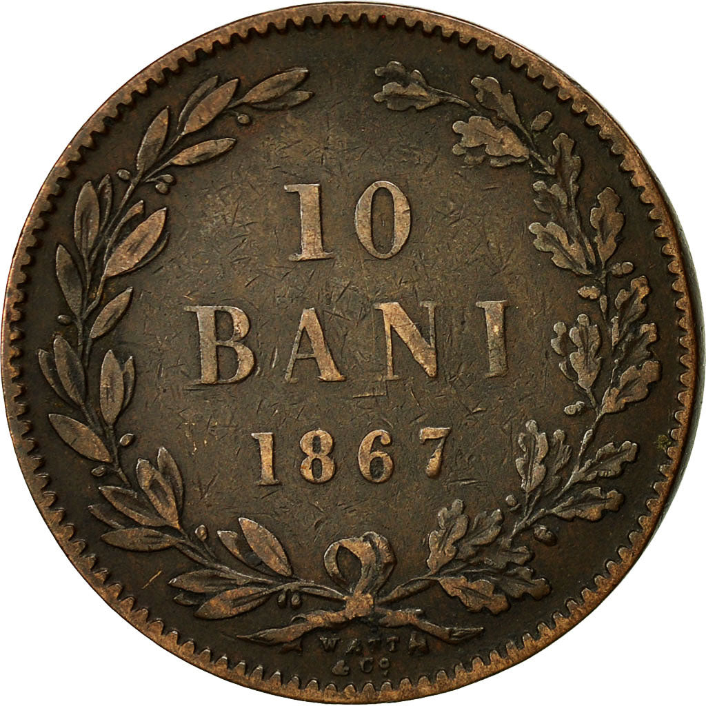 Romania, Carol I, 10 Bani, 1867, EF(40-45), Copper, KM:4.2