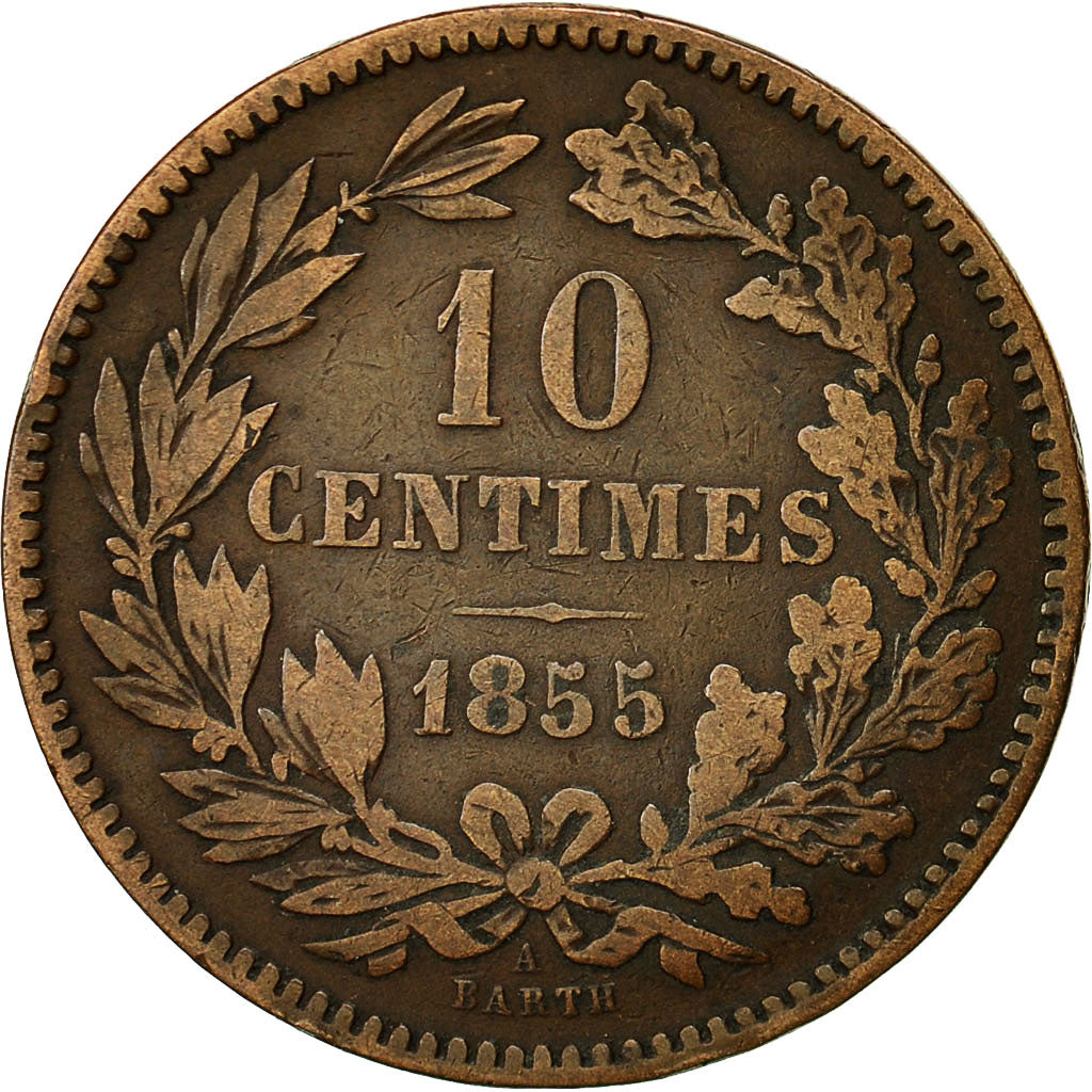 Luxembourg, William III, 10 Centimes, 1855, Paris, EF(40-45), Bronze, KM:23.2