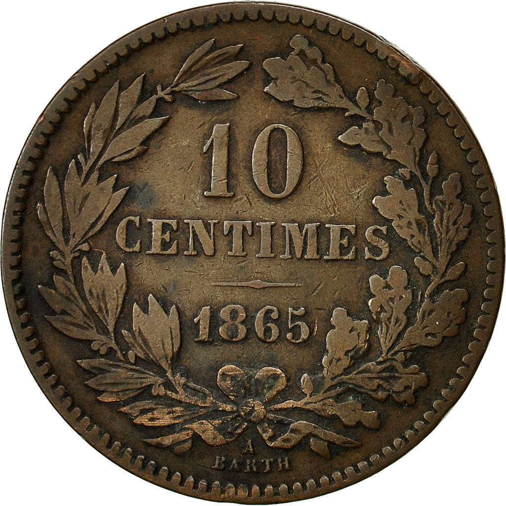 Luxembourg, William III, 10 Centimes, 1865, Paris, EF(40-45), Bronze, KM:23.2