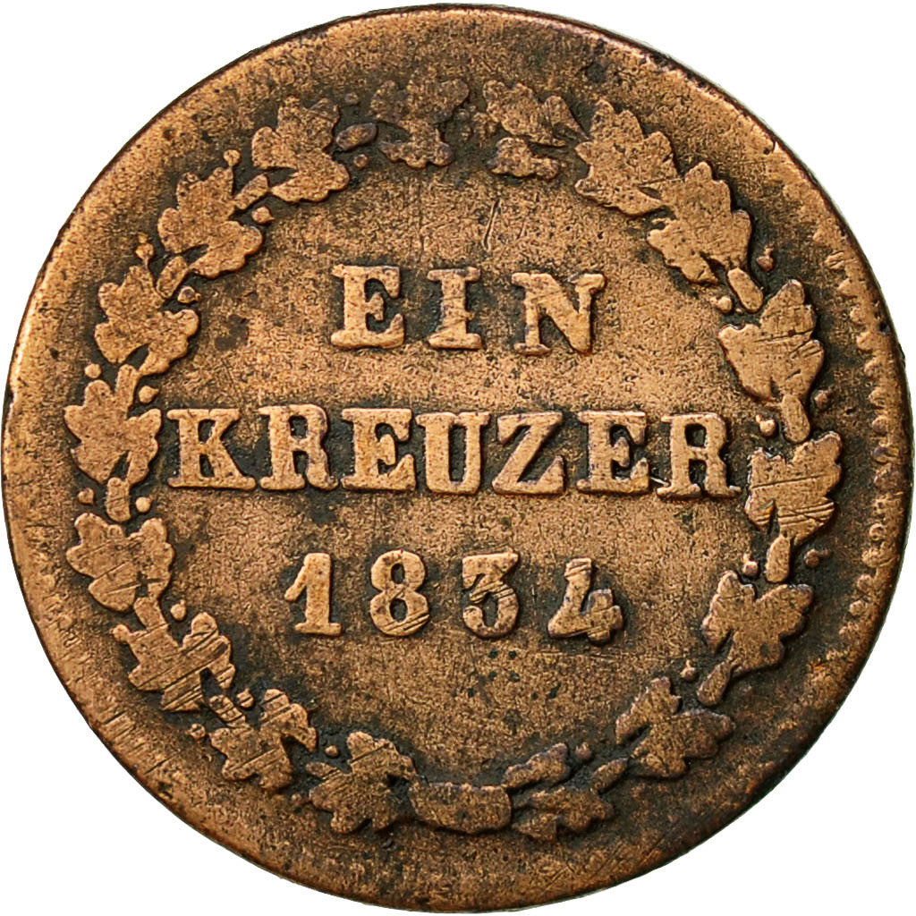 German States, NASSAU, Wilhelm, Kreuzer, 1834, Wiesbaden, EF(40-45), Copper