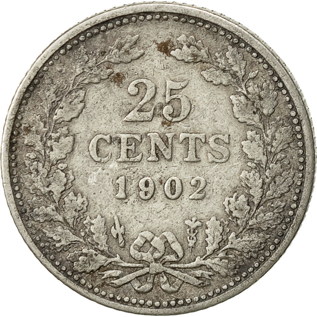 Netherlands, Wilhelmina I, 25 Cents, 1902, EF(40-45), Silver, KM:120.2
