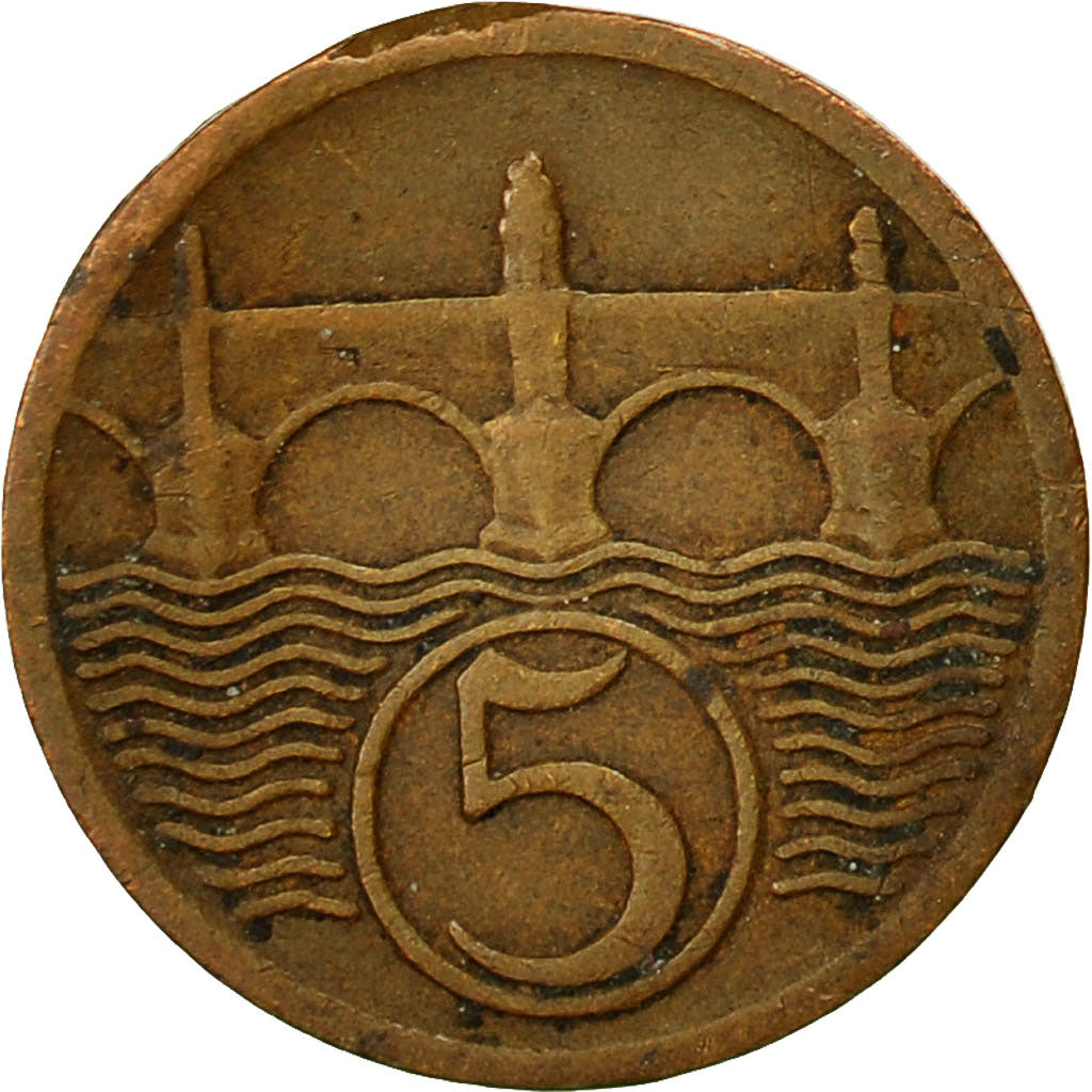 Tschechoslowakei, 5 Haleru, 1925, SS+, Bronze, KM:6