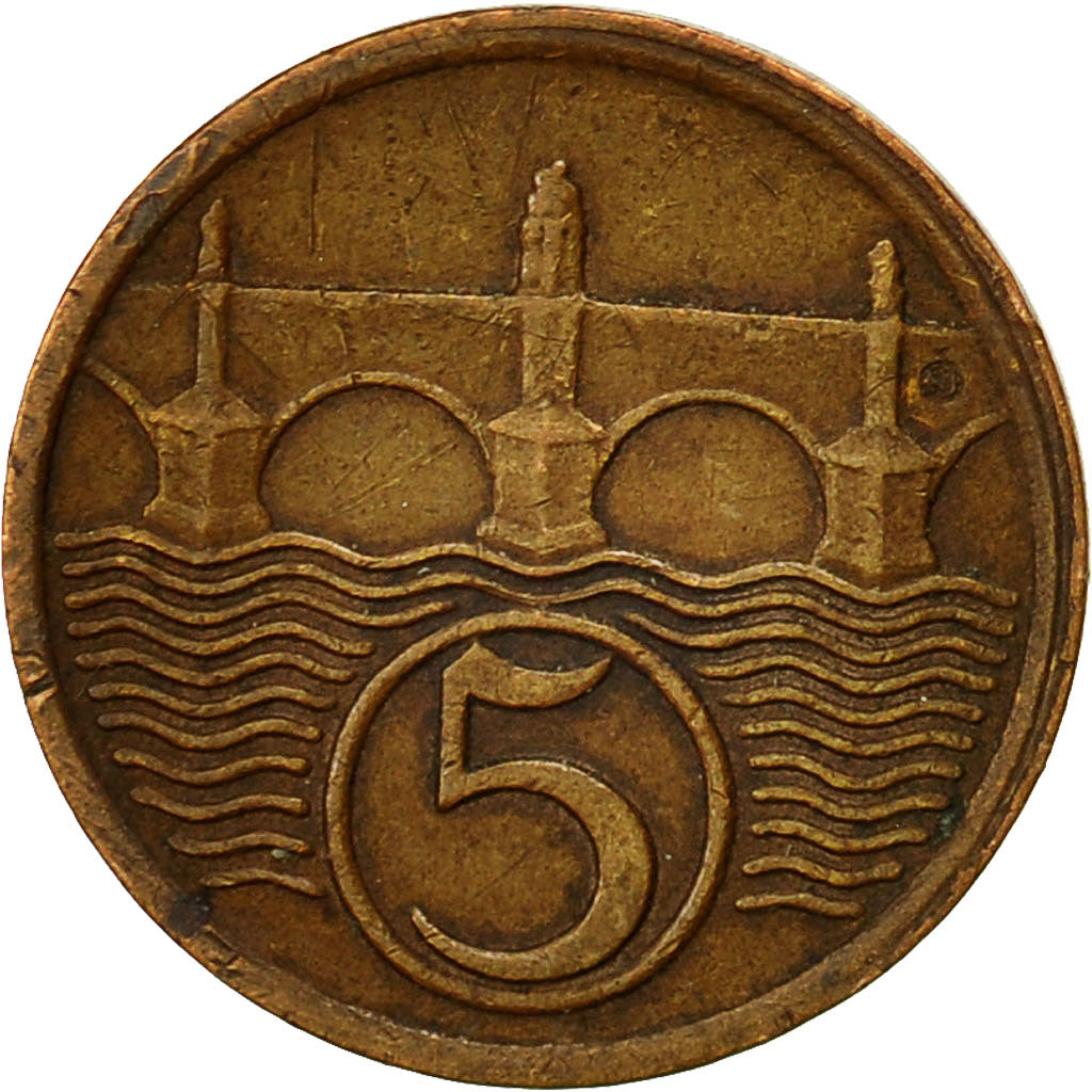 Czechoslovakia, 5 Haleru, 1938, AU(50-53), Bronze, KM:6