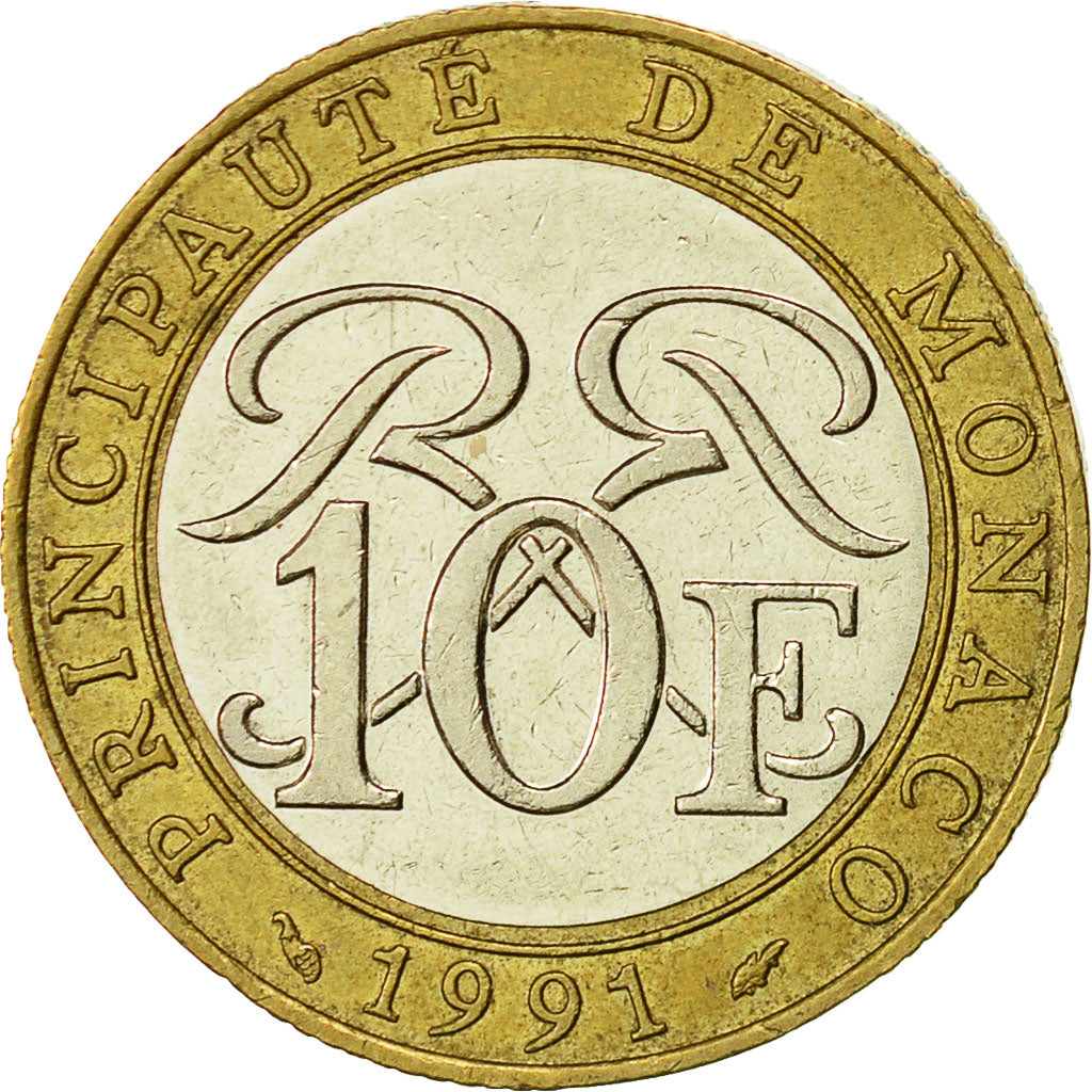 Monaco, Rainier III, 10 Francs, 1991, TTB, Bi-Metallic, KM:163