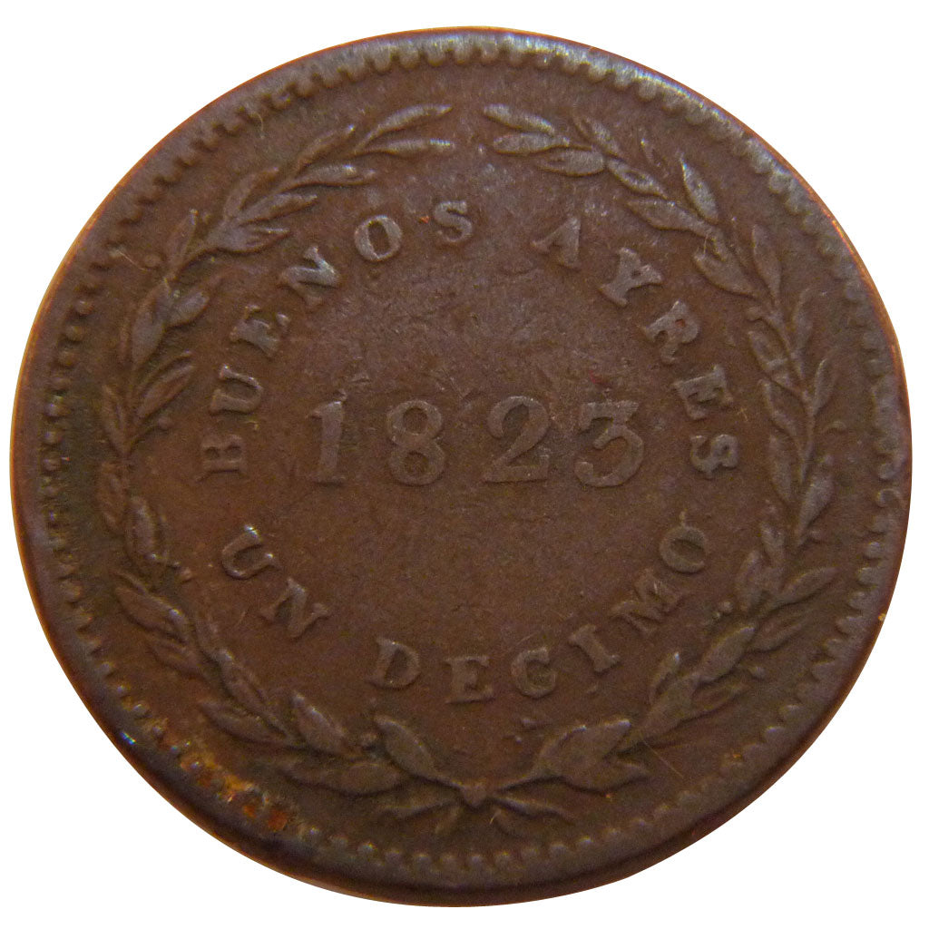 ARGENTINA, Decimo, 1823, KM #1, EF(40-45), Copper, 23.5, 6.70