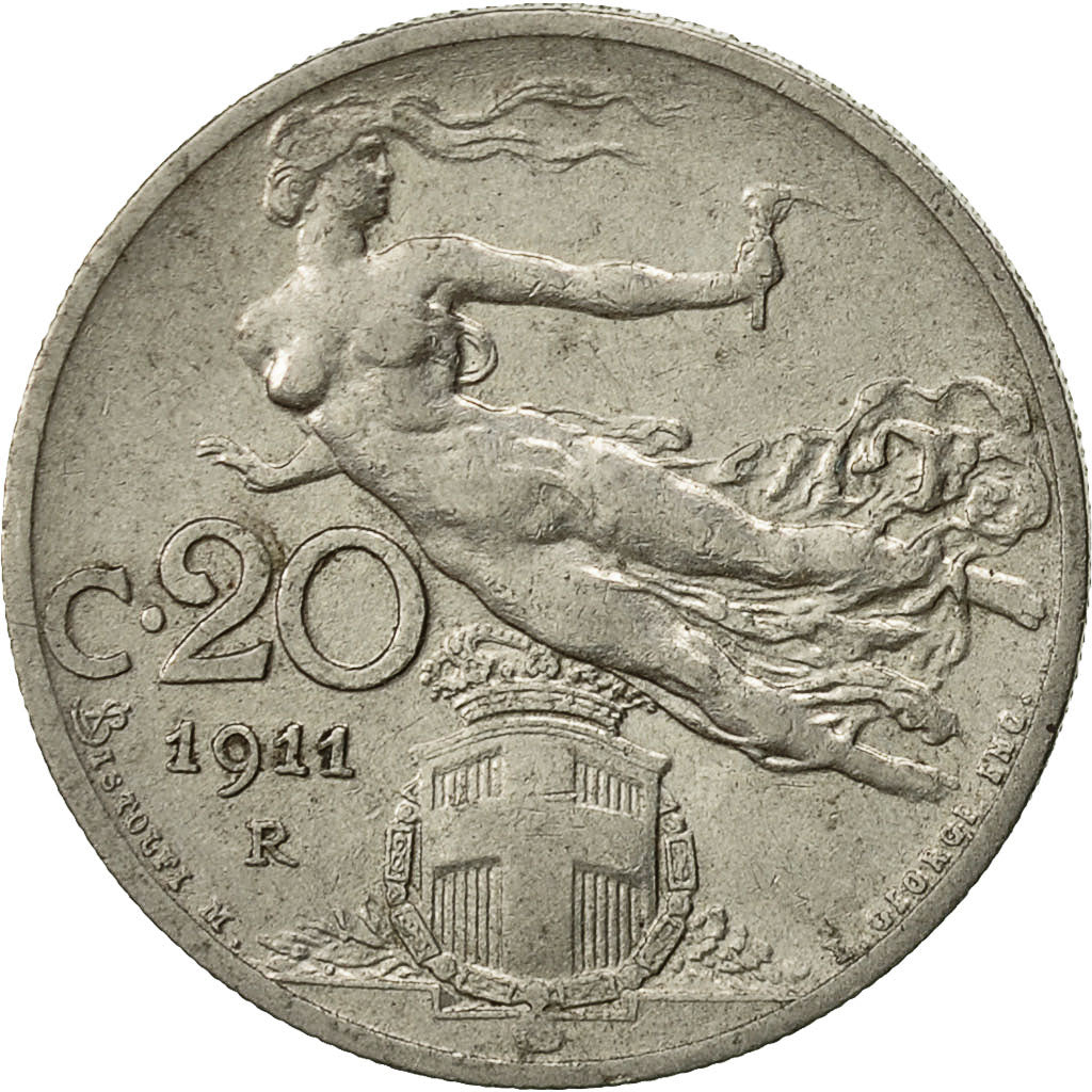 Italia, Vittorio Emanuele III, 20 Centesimi, 1911, Rome, MB, Nichel, KM:44