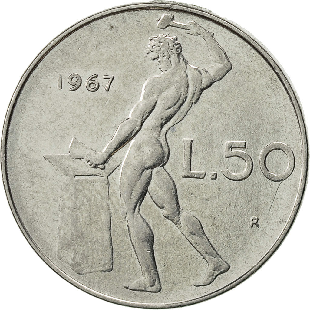 Italy, 50 Lire, 1967, Rome, AU(50-53), Stainless Steel, KM:95.1