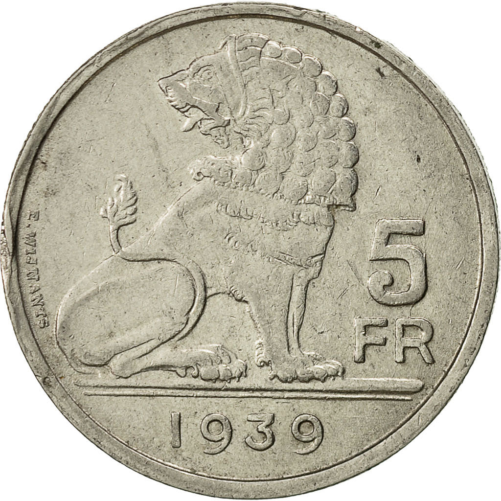 Belgium, 5 Francs, 5 Frank, 1939, AU(50-53), Nickel, KM:117.2