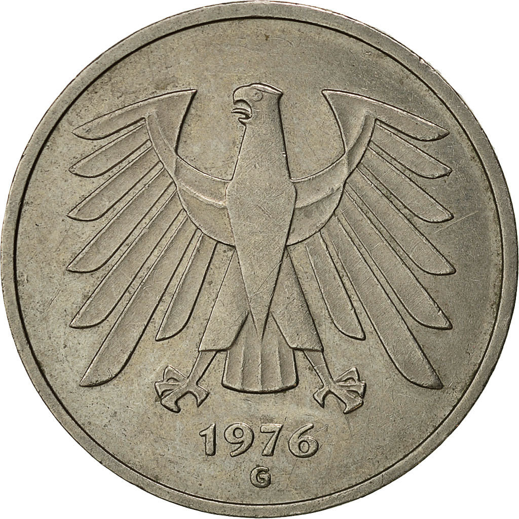 GERMANY - FEDERAL REPUBLIC, 5 Mark, 1976, Karlsruhe, AU(50-53), Copper-Nickel