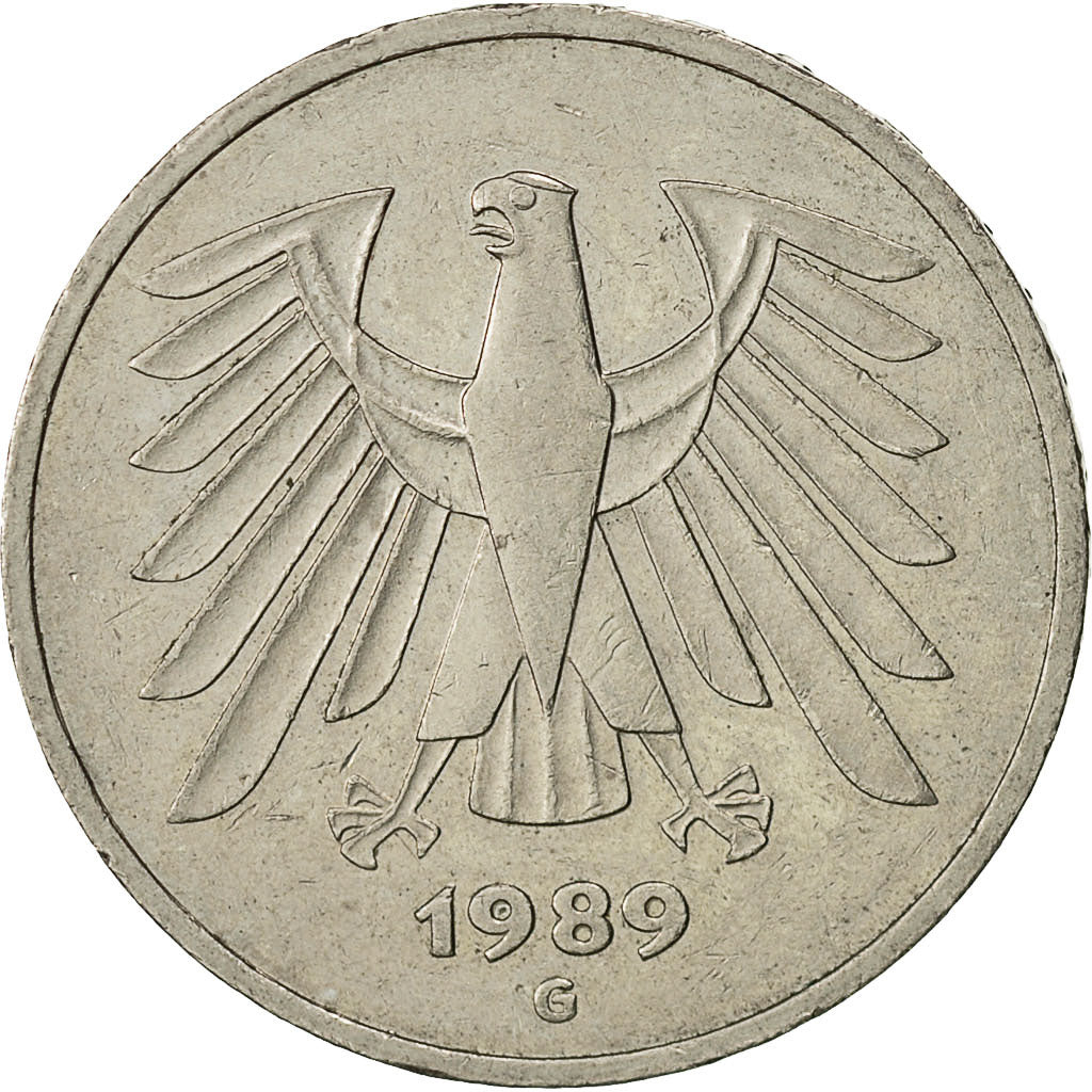 GERMANY - FEDERAL REPUBLIC, 5 Mark, 1989, Karlsruhe, EF(40-45), Copper-Nickel