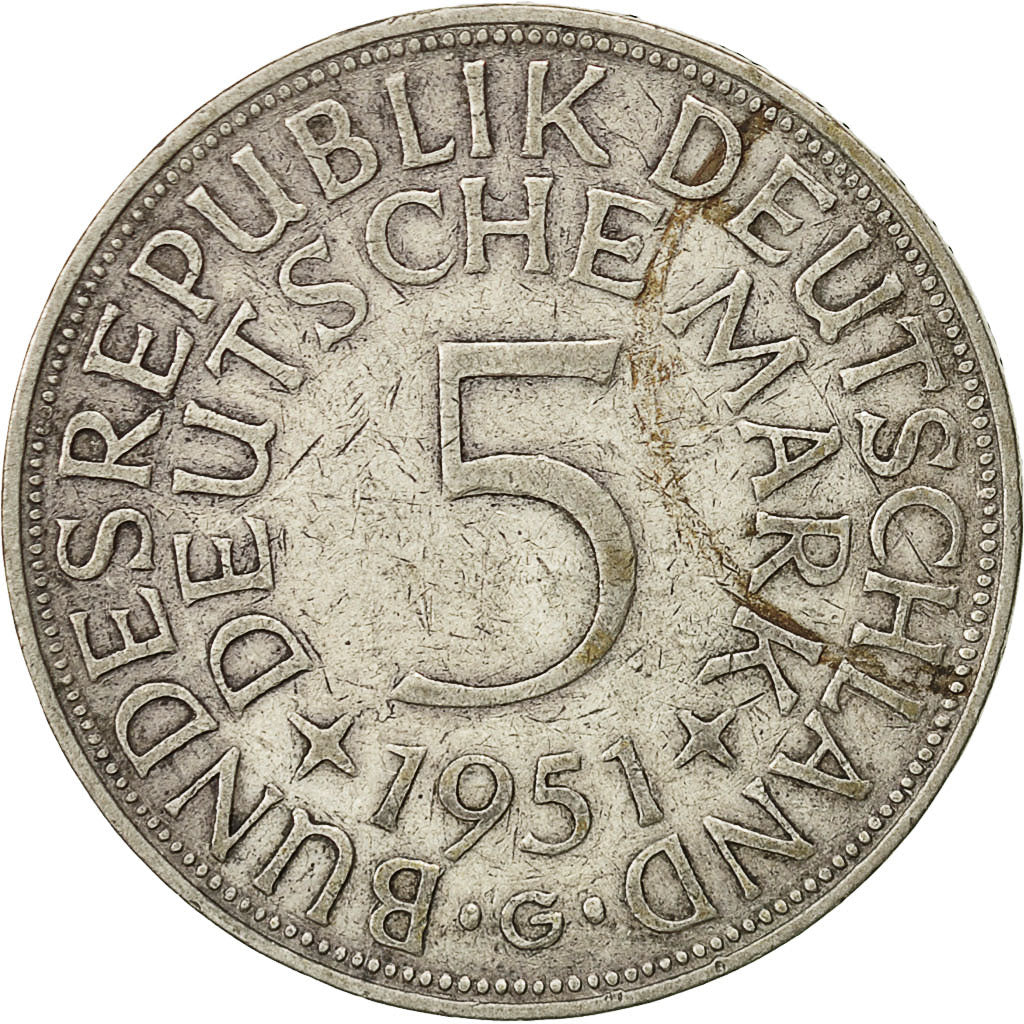 GERMANY - FEDERAL REPUBLIC, 5 Mark, 1951, Karlsruhe, EF(40-45), Silver, KM:112.1