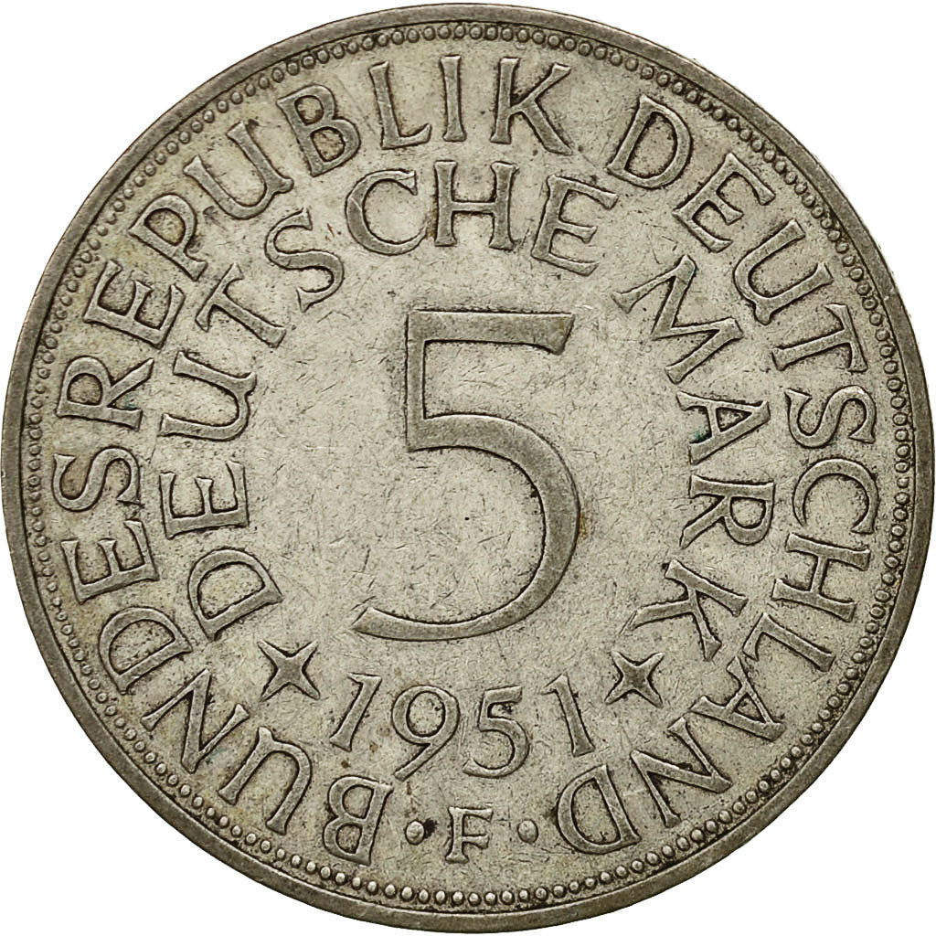 GERMANY - FEDERAL REPUBLIC, 5 Mark, 1951, Stuttgart, EF(40-45), Silver, KM:112.1