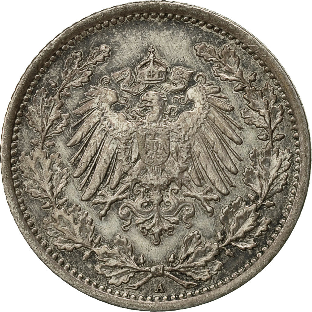GERMANY - EMPIRE, 1/2 Mark, 1916, Berlin, EF(40-45), Silver, KM:17