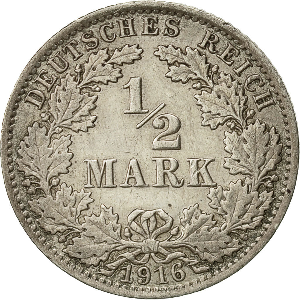 GERMANY - EMPIRE, 1/2 Mark, 1916, Berlin, EF(40-45), Silver, KM:17