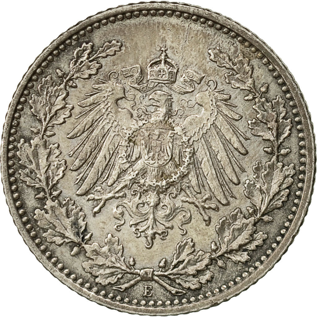 GERMANY - EMPIRE, 1/2 Mark, 1918, Muldenhütten, EF(40-45), Silver, KM:17