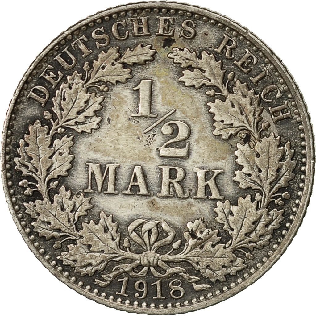 GERMANY - EMPIRE, 1/2 Mark, 1918, Muldenhütten, EF(40-45), Silver, KM:17