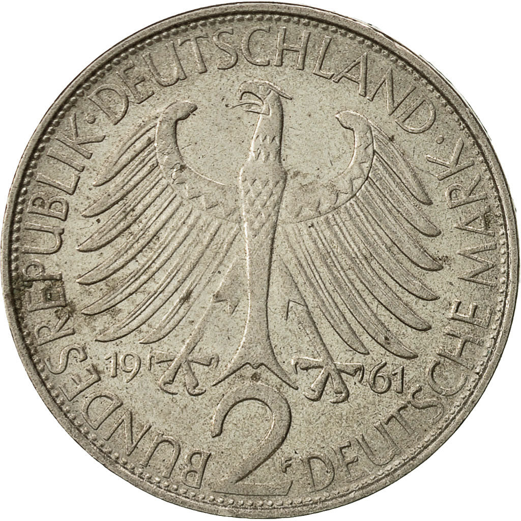 GERMANY - FEDERAL REPUBLIC, 2 Mark, 1961, Stuttgart, EF(40-45), Copper-nickel