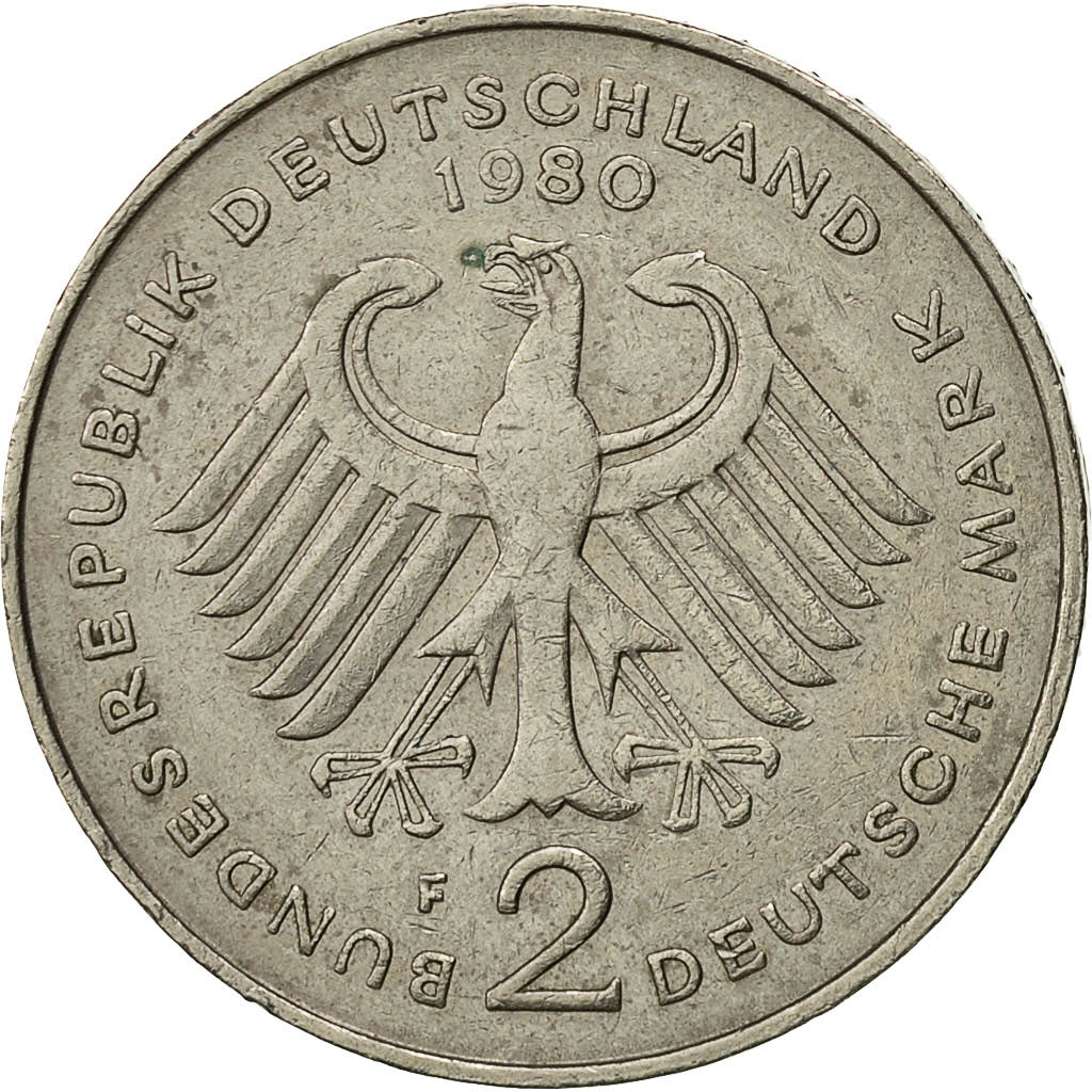 GERMANY - FEDERAL REPUBLIC, 2 Mark, 1980, Stuttgart, EF(40-45), Copper-Nickel