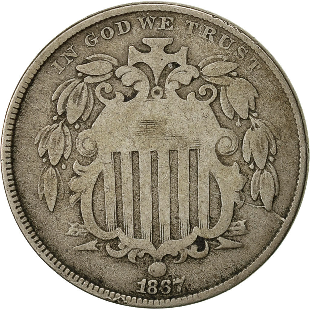United States, Shield Nickel, 5 Cents, 1867, U.S. Mint, Philadelphia, VF(30-35)