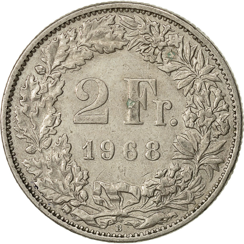 Suiza, 2 Francs, 1968, Bern, MBC, Cobre - níquel, KM:21a.1