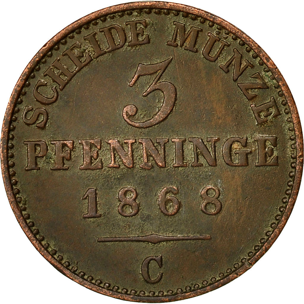 German States, PRUSSIA, Wilhelm I, 3 Pfennig, 1868, AU(50-53), Copper, KM:482
