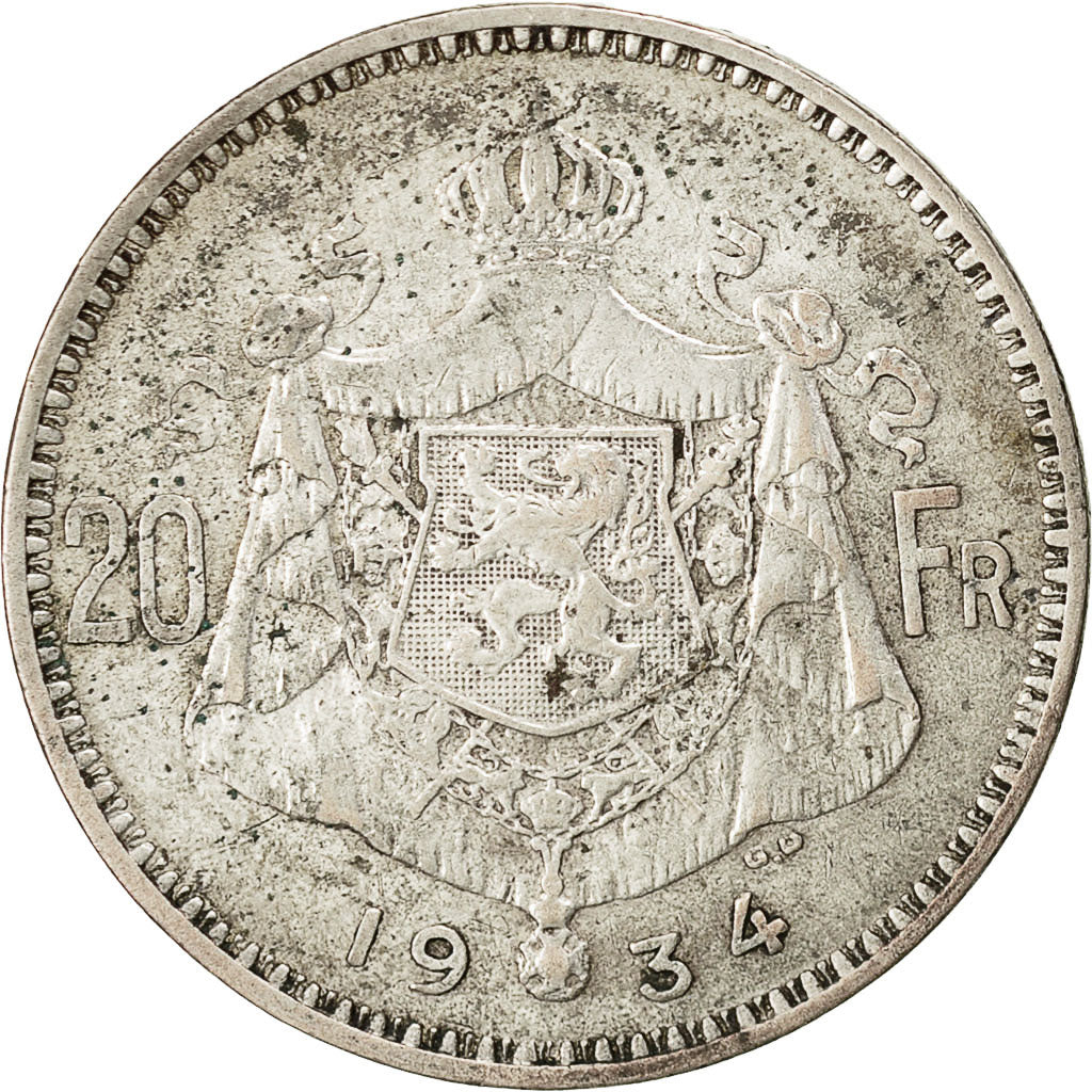 Belgium, 20 Francs, 20 Frank, 1934, VF(30-35), Silver, KM:104.1