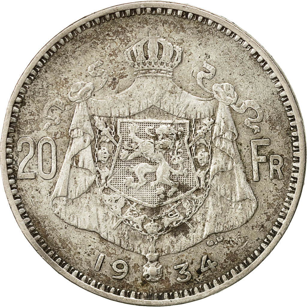 Belgium, 20 Francs, 20 Frank, 1934, VF(20-25), Silver, KM:103.1