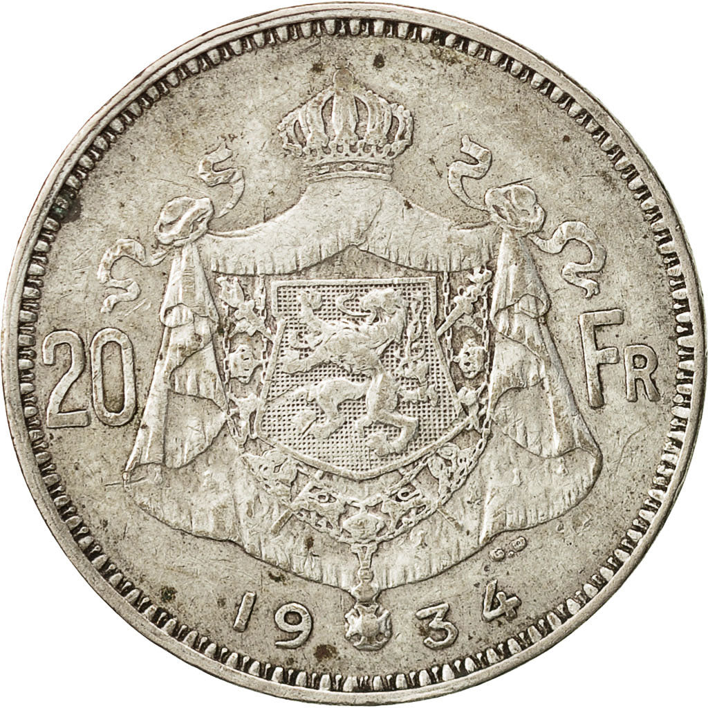 Belgium, 20 Francs, 20 Frank, 1934, EF(40-45), Silver, KM:103.1
