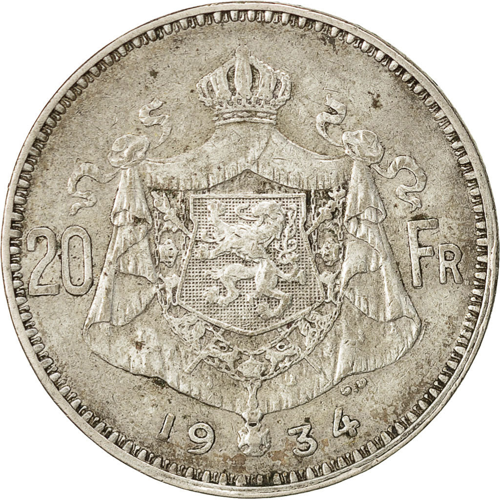 Belgium, 20 Francs, 20 Frank, 1934, EF(40-45), Silver, KM:103.1