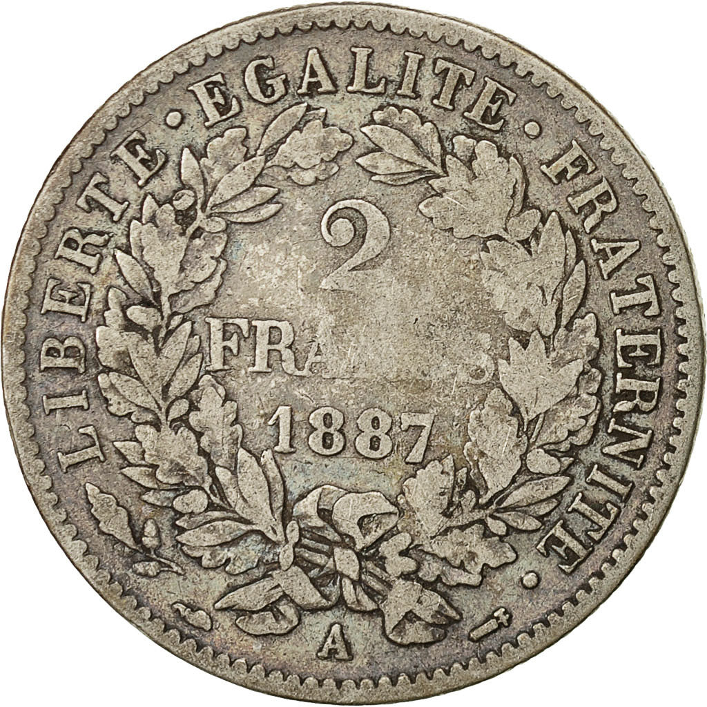 France, Cérès, 2 Francs, 1887, Paris, VF(20-25), Silver, KM:817.1