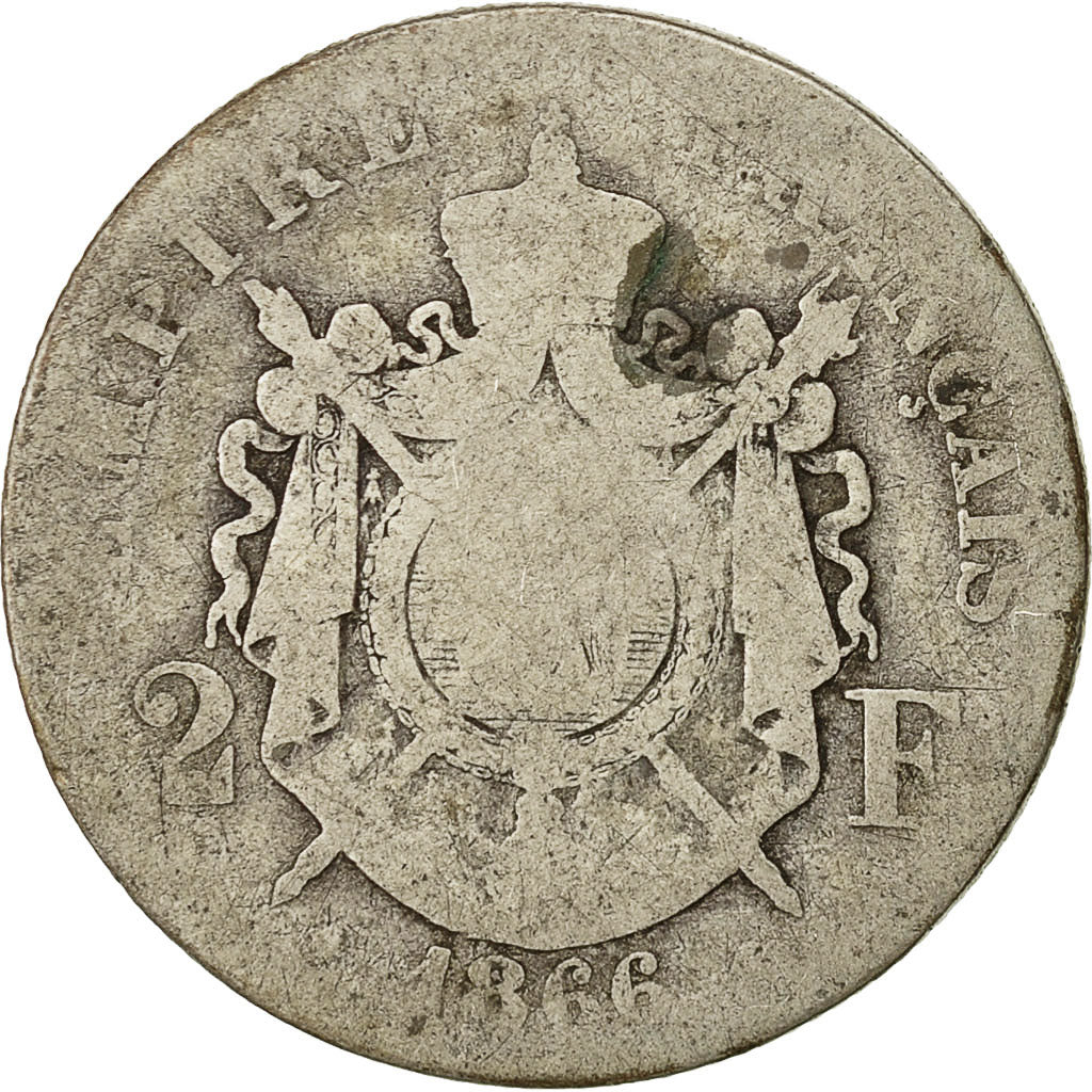 France, Napoleon III, Napoléon III, 2 Francs, 1866, Paris, VG(8-10), Silver