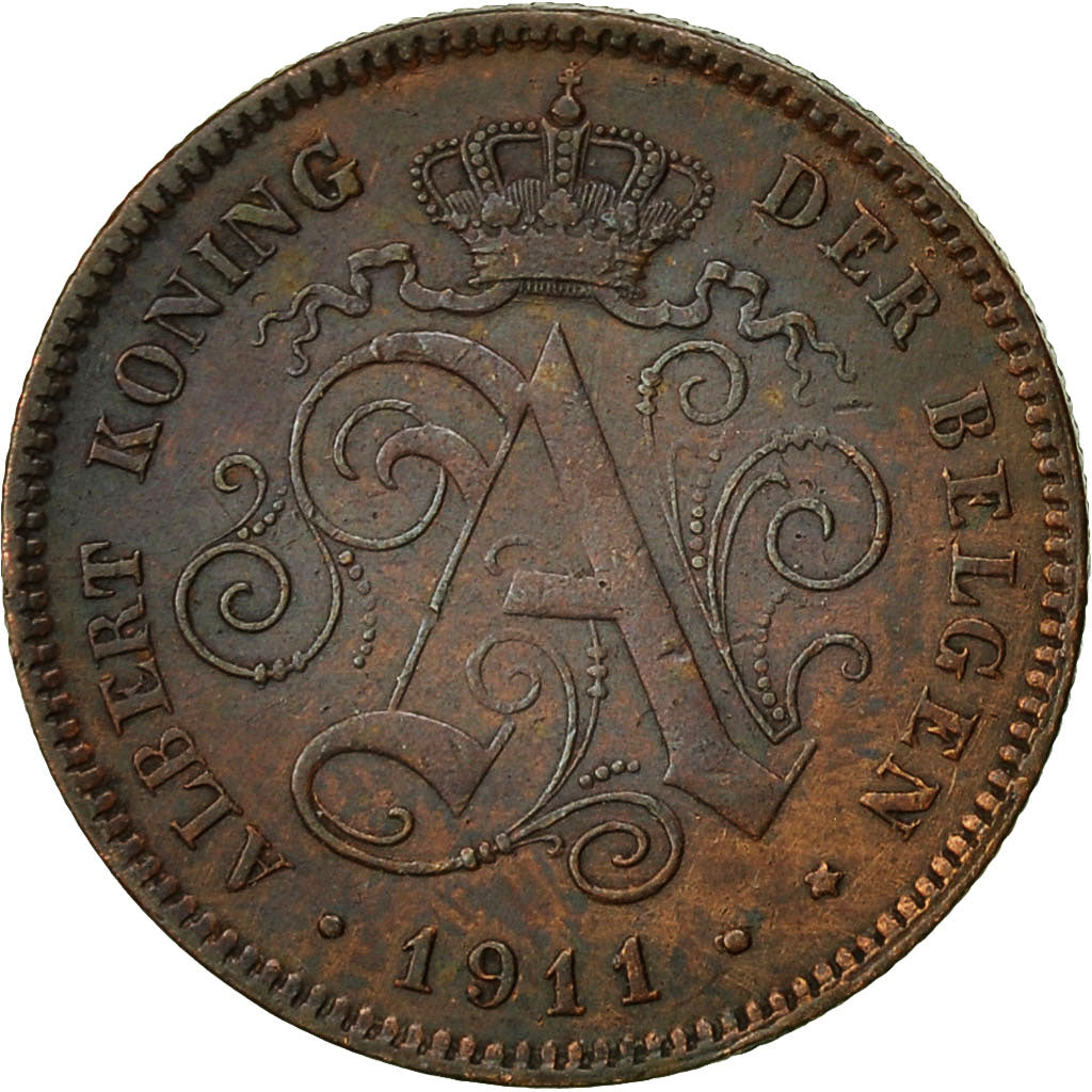 Belgium, Albert I, 2 Centimes, 1911, AU(50-53), Copper, KM:65
