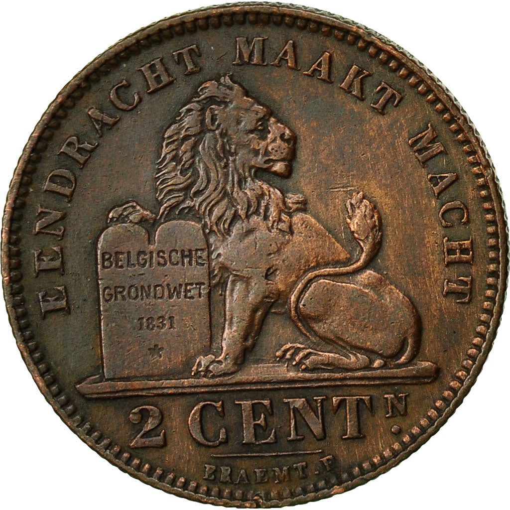 Belgium, Albert I, 2 Centimes, 1911, AU(50-53), Copper, KM:65
