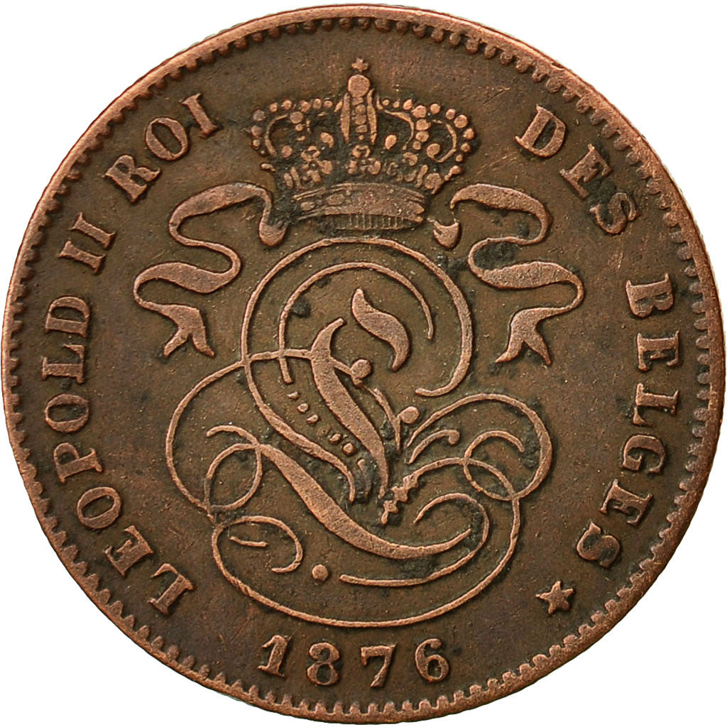 Belgium, Leopold II, 2 Centimes, 1876, AU(55-58), Copper, KM:35.1