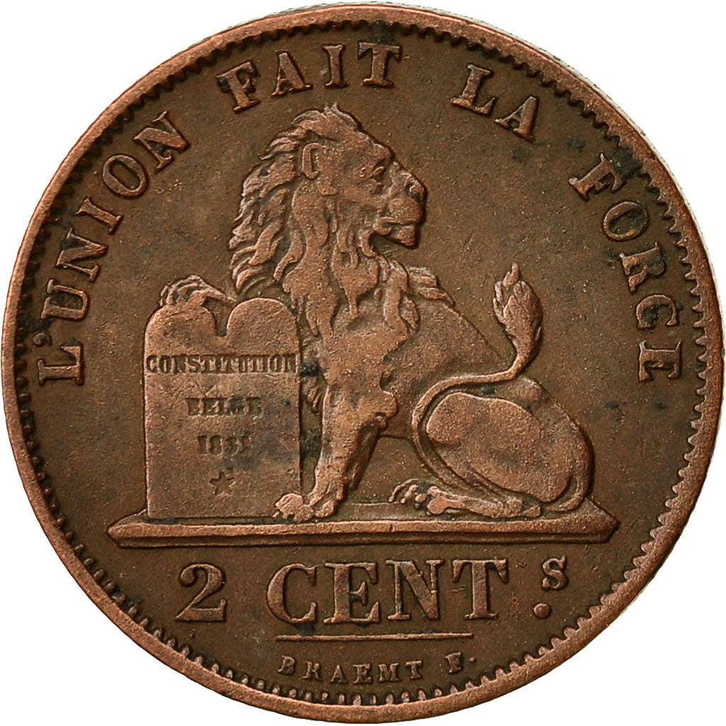 Belgium, Leopold II, 2 Centimes, 1876, AU(55-58), Copper, KM:35.1
