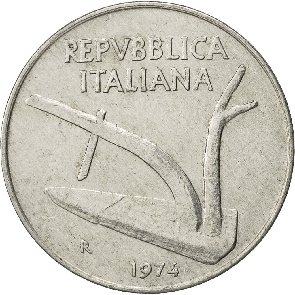 Italy, 10 Lire, 1974, Rome, AU(50-53), Aluminum, KM:93