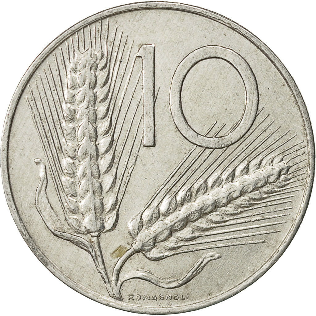 Italy, 10 Lire, 1974, Rome, AU(50-53), Aluminum, KM:93