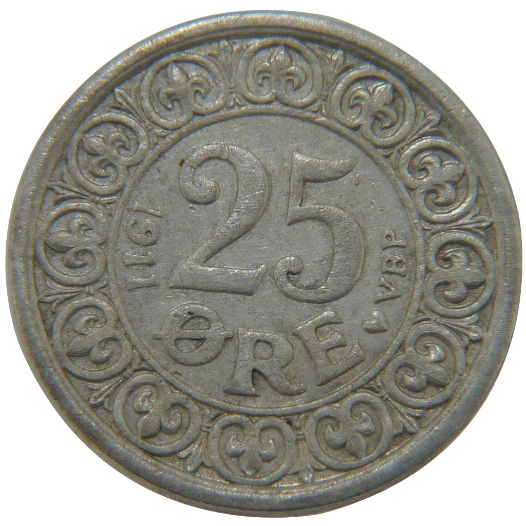DENMARK, 25 Ore, 1911, Copenhagen, KM #808, AU(50-53), Silver, 2.30
