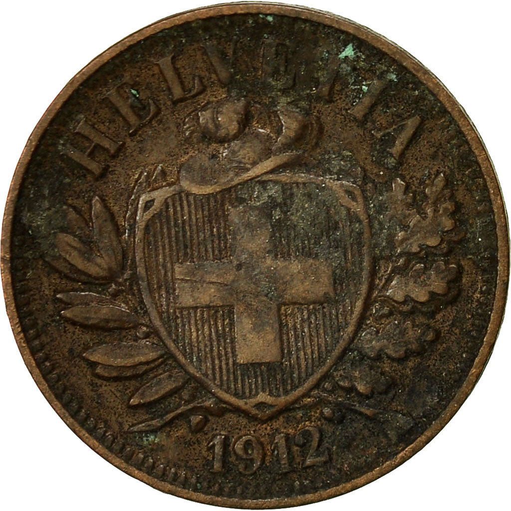 Suiza, 2 Rappen, 1912, Bern, MBC, Bronce, KM:4.2