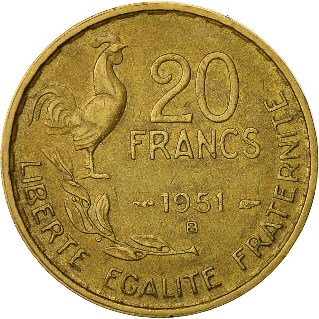 Francia, Guiraud, 20 Francs, 1951, Beaumont - Le Roger, MB+, Alluminio-bronzo