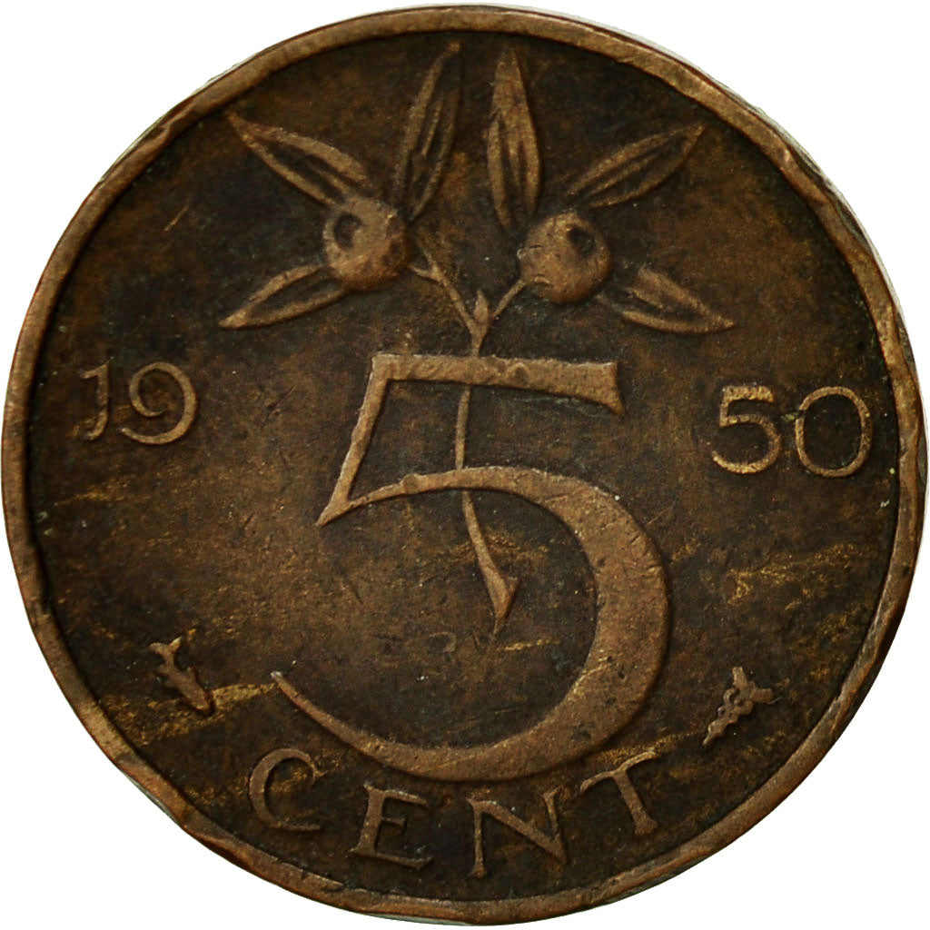 Paesi Bassi, Juliana, 5 Cents, 1950, MB+, Bronzo, KM:181