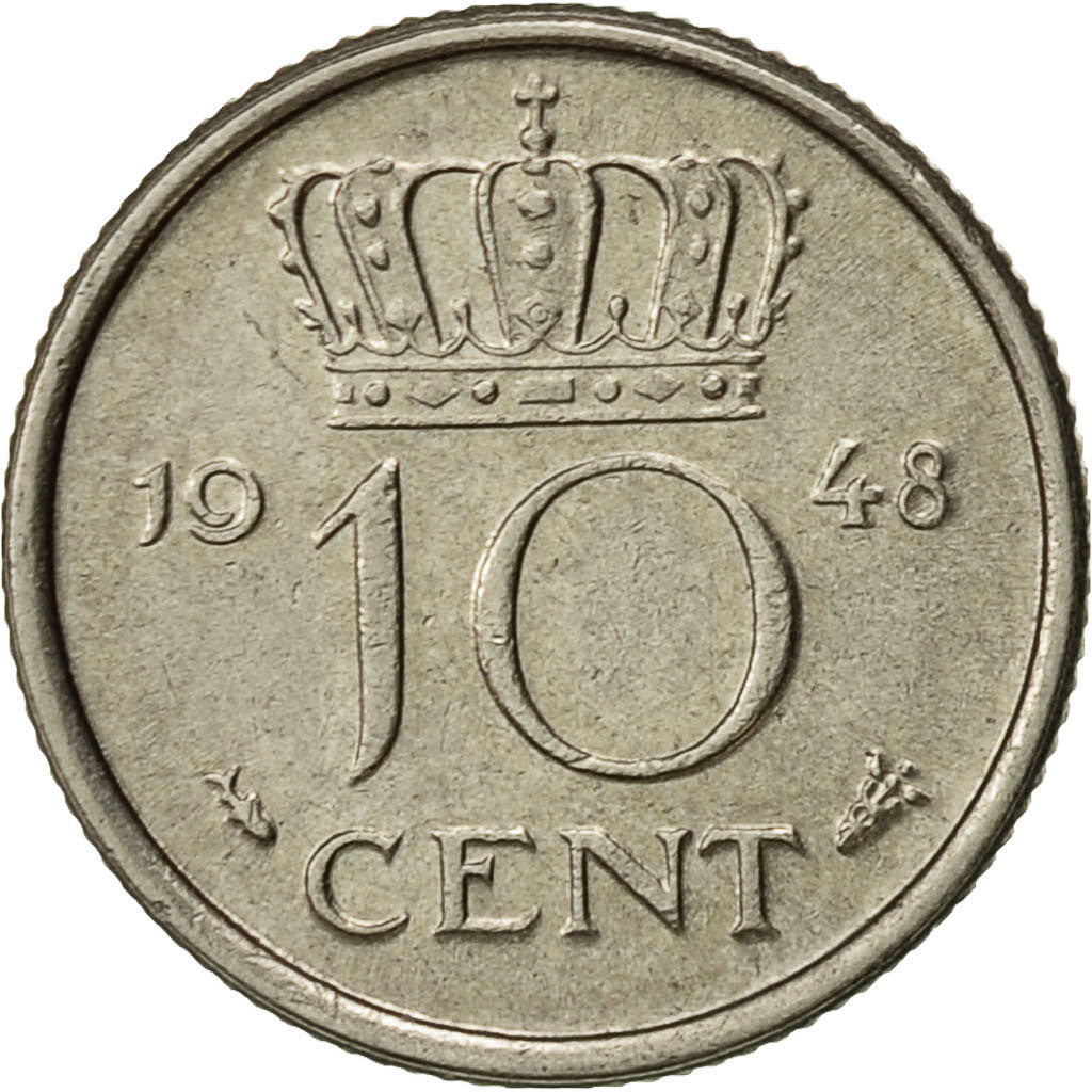 Netherlands, Wilhelmina I, 10 Cents, 1948, AU(50-53), Nickel, KM:177