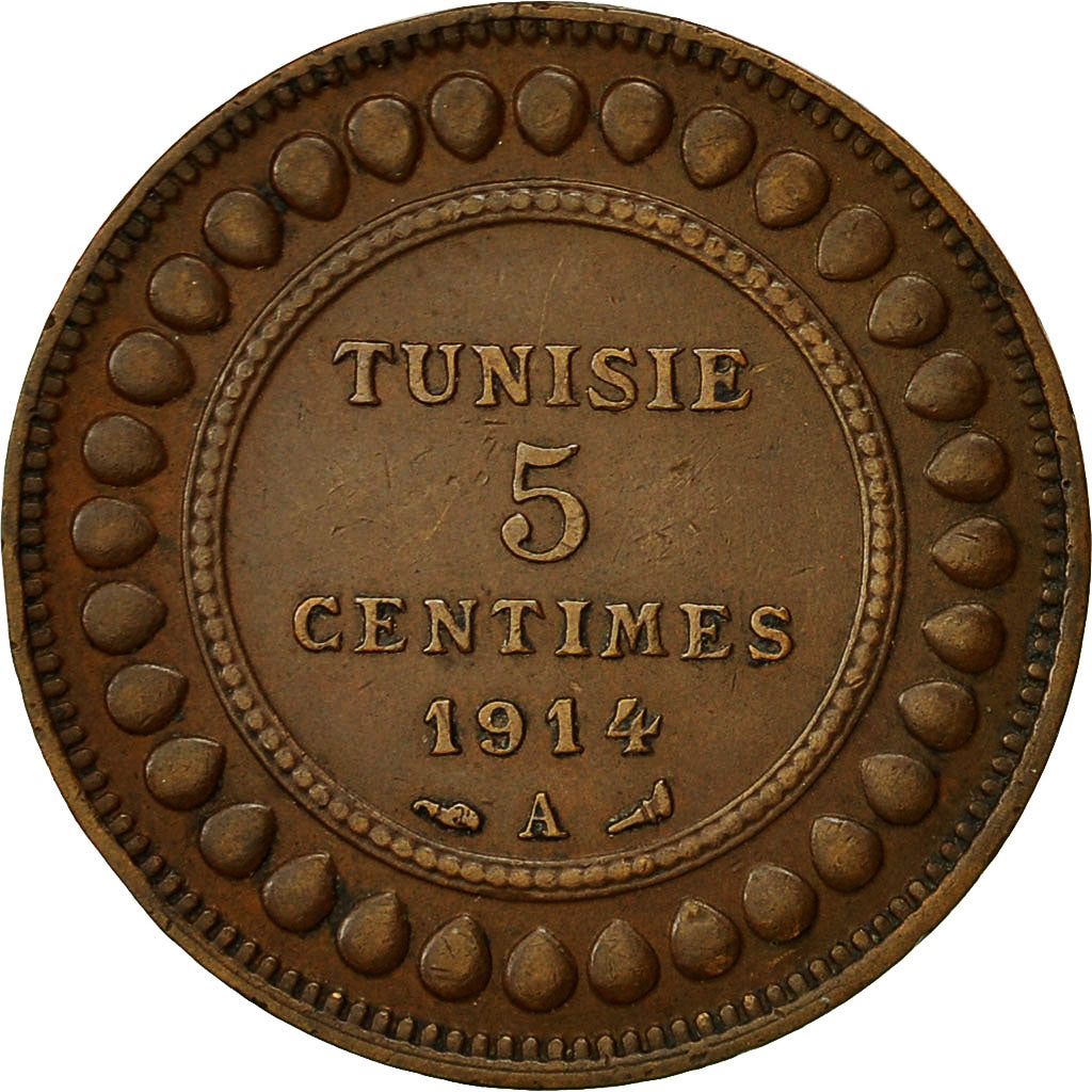 Tunisia, Muhammad al-Nasir Bey, 5 Centimes, 1914, Paris, AU(55-58), Bronze