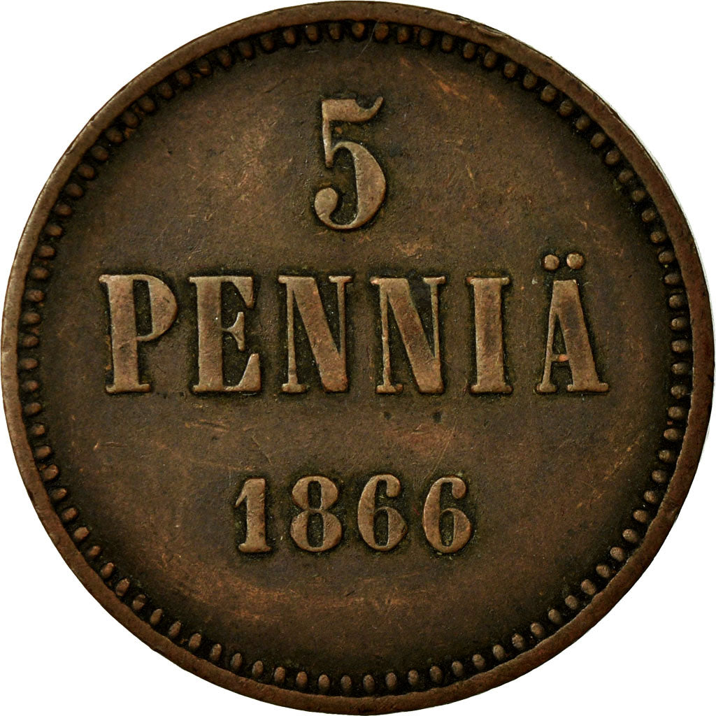 Coin, Finland, Alexander II, 5 Pennia, 1866, EF(40-45), Copper, KM:4.1
